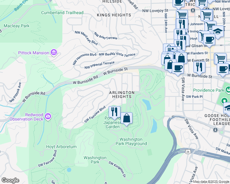 map of restaurants, bars, coffee shops, grocery stores, and more near 2744 Southwest Rutland Terrace in Portland