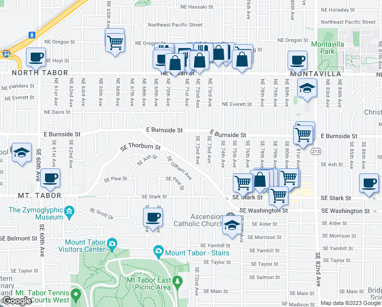 map of restaurants, bars, coffee shops, grocery stores, and more near 136 Southeast 71st Avenue in Portland
