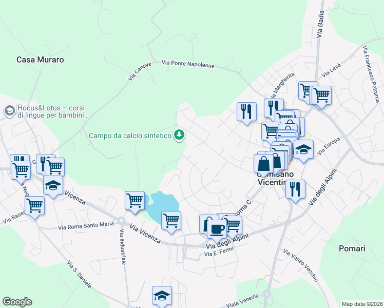 map of restaurants, bars, coffee shops, grocery stores, and more near 114 Via Cavalieri di Vittorio Veneto in Provincia di Vicenza