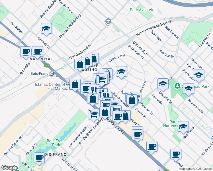 map of restaurants, bars, coffee shops, grocery stores, and more near 2185 Rue Connaught in Montréal