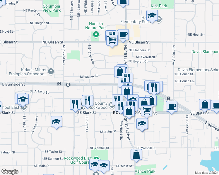 map of restaurants, bars, coffee shops, grocery stores, and more near 17808 East Burnside Street in Portland