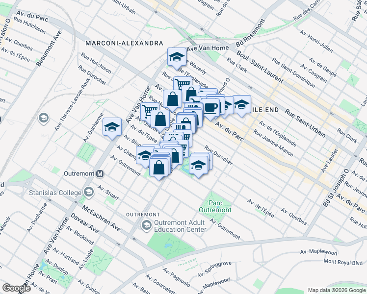 map of restaurants, bars, coffee shops, grocery stores, and more near 609 Avenue Querbes in Montreal
