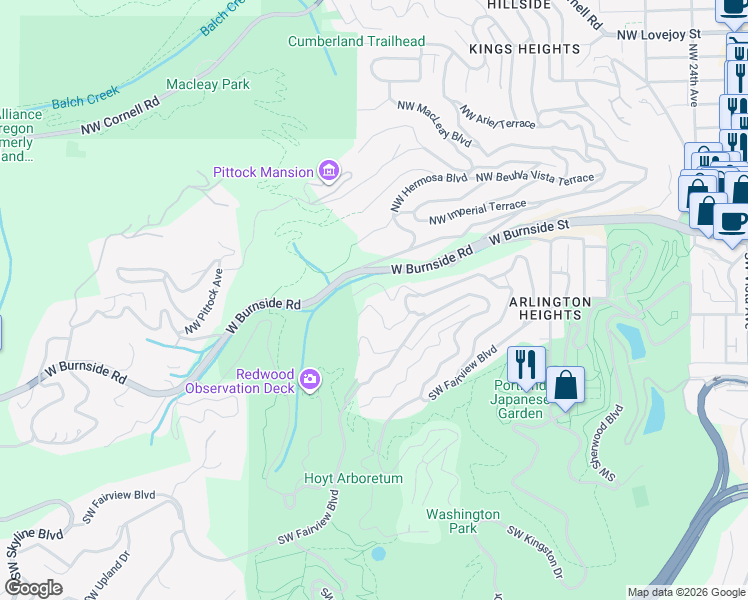 map of restaurants, bars, coffee shops, grocery stores, and more near 3141 Southwest Champlain Drive in Portland