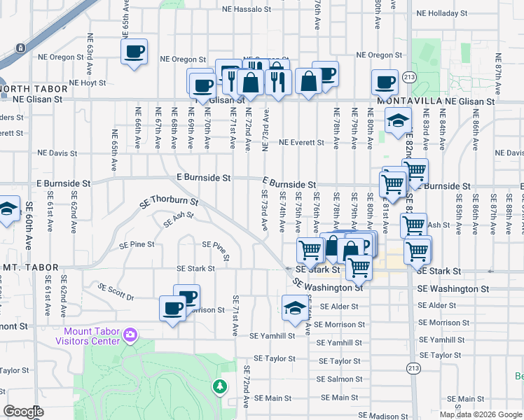 map of restaurants, bars, coffee shops, grocery stores, and more near 125 Southeast 73rd Avenue in Portland