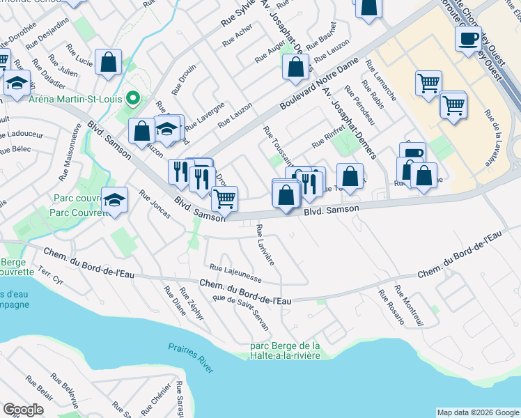 map of restaurants, bars, coffee shops, grocery stores, and more near 123 Boulevard Samson in Laval