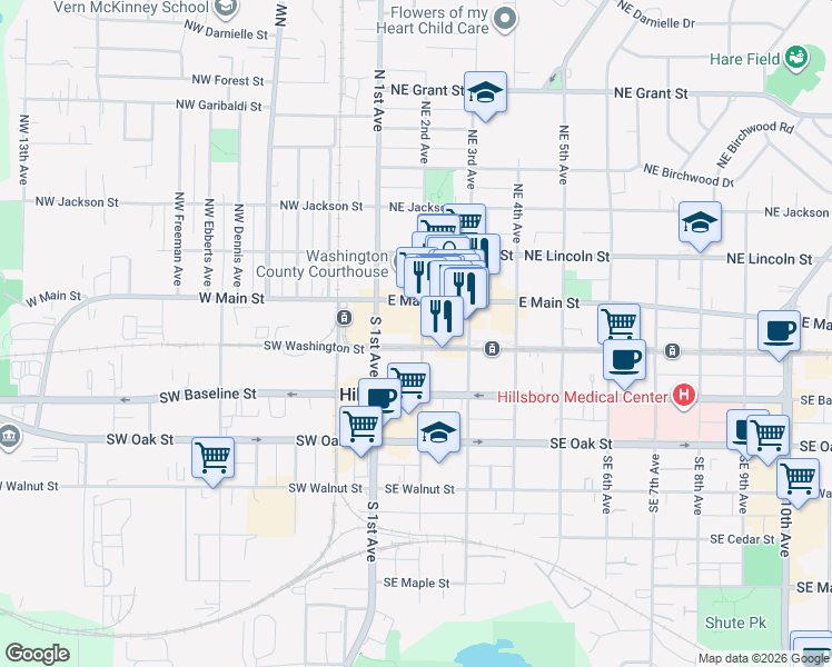 map of restaurants, bars, coffee shops, grocery stores, and more near in Hillsboro