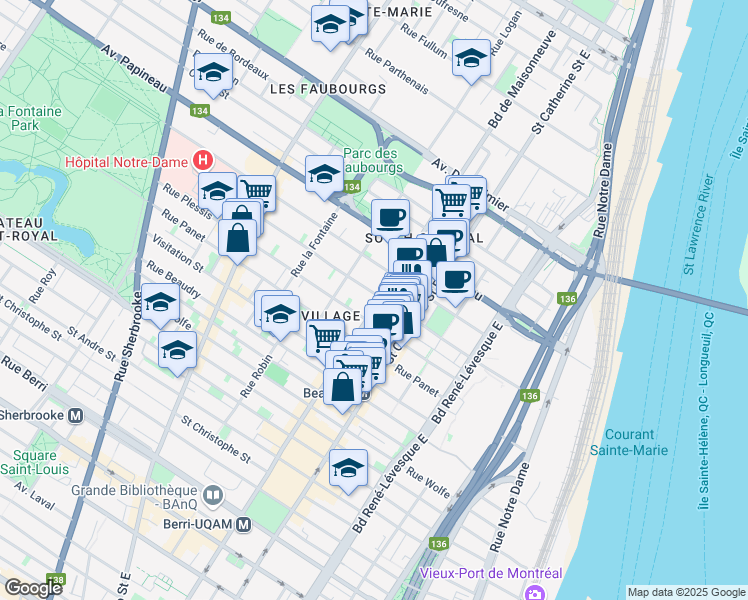 map of restaurants, bars, coffee shops, grocery stores, and more near 1505 Boulevard de Maisonneuve Est in Montréal