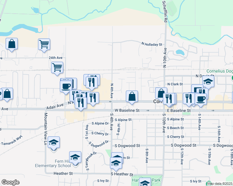map of restaurants, bars, coffee shops, grocery stores, and more near 453 North Barlow Court in Cornelius