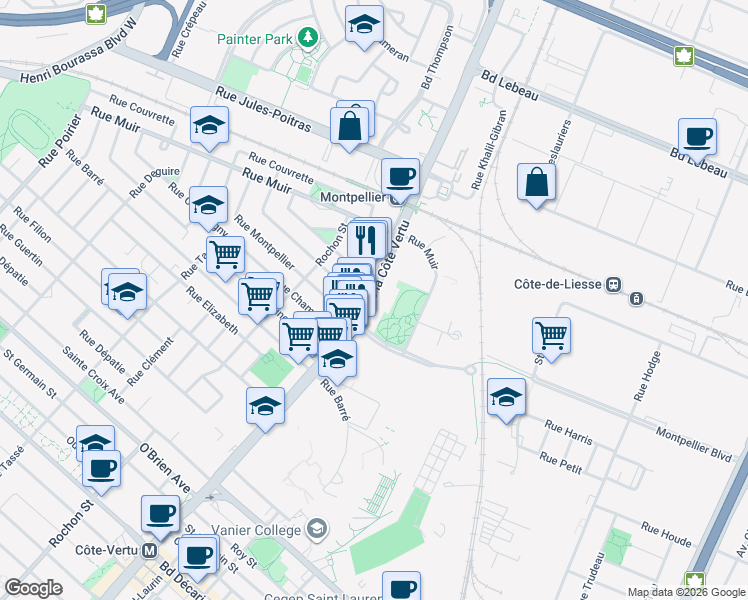map of restaurants, bars, coffee shops, grocery stores, and more near 640 Boulevard de la Côte Vertu in Montreal