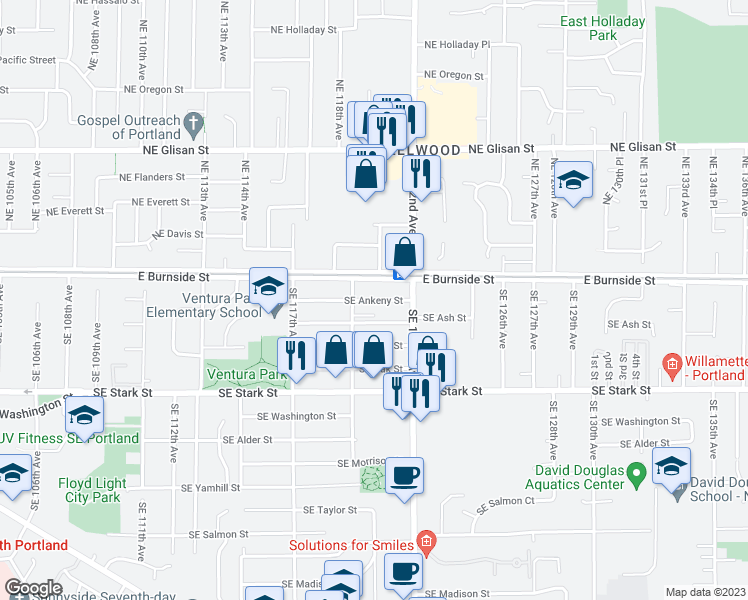 map of restaurants, bars, coffee shops, grocery stores, and more near 12016 Southeast Ankeny Street in Portland