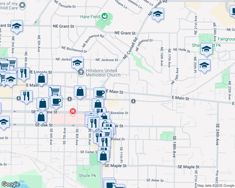 map of restaurants, bars, coffee shops, grocery stores, and more near 116 Southeast 11th Place in Hillsboro