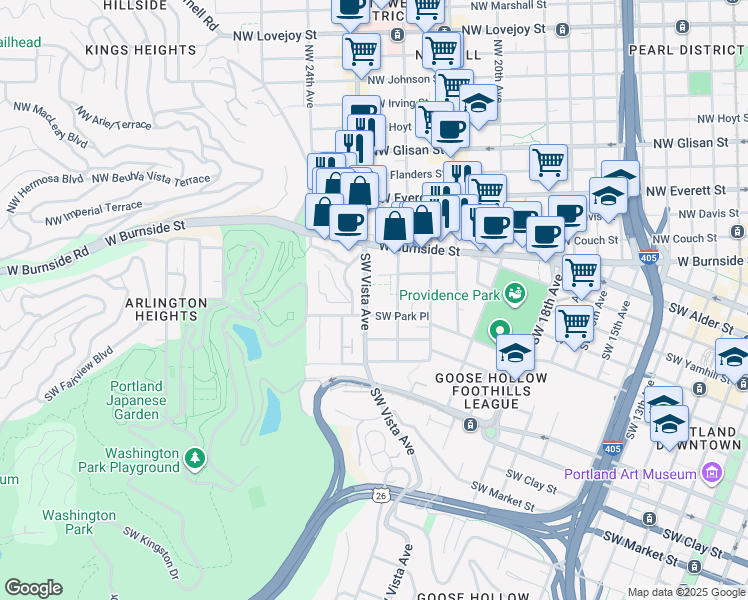 map of restaurants, bars, coffee shops, grocery stores, and more near 912 Southwest Vista Avenue in Portland
