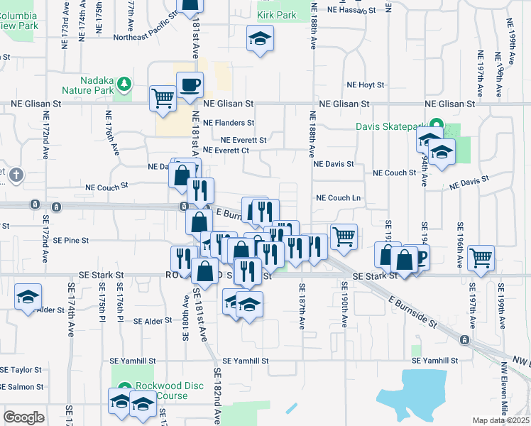 map of restaurants, bars, coffee shops, grocery stores, and more near 18411 East Burnside Street in Portland
