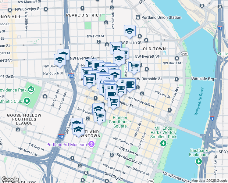 map of restaurants, bars, coffee shops, grocery stores, and more near 907 Southwest Stark Street in Portland