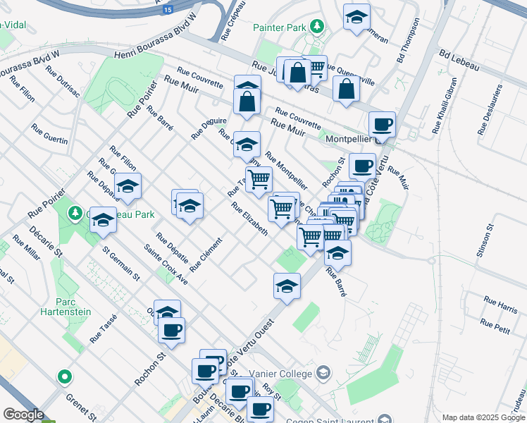 map of restaurants, bars, coffee shops, grocery stores, and more near Rue Barré in Montréal