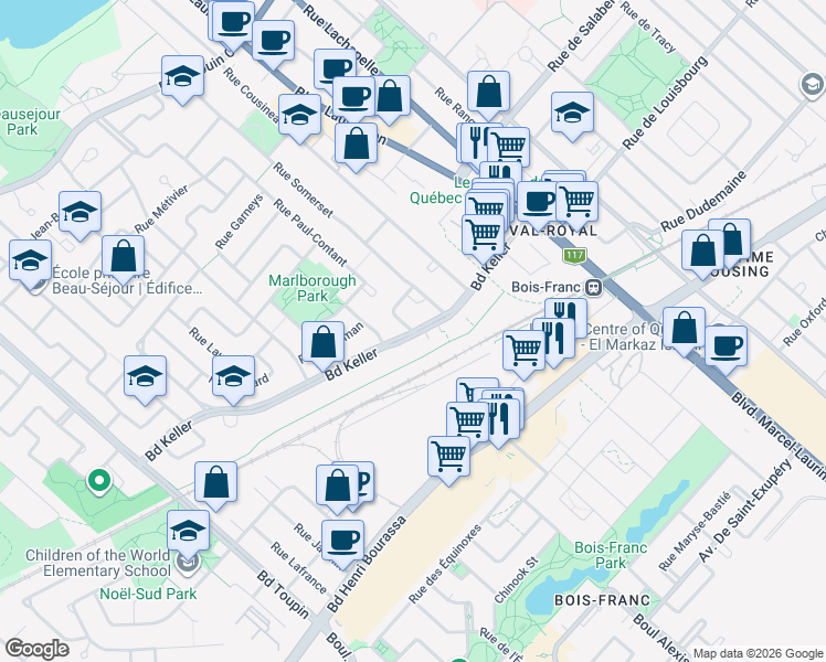 map of restaurants, bars, coffee shops, grocery stores, and more near 2159 Boulevard Keller in Montréal