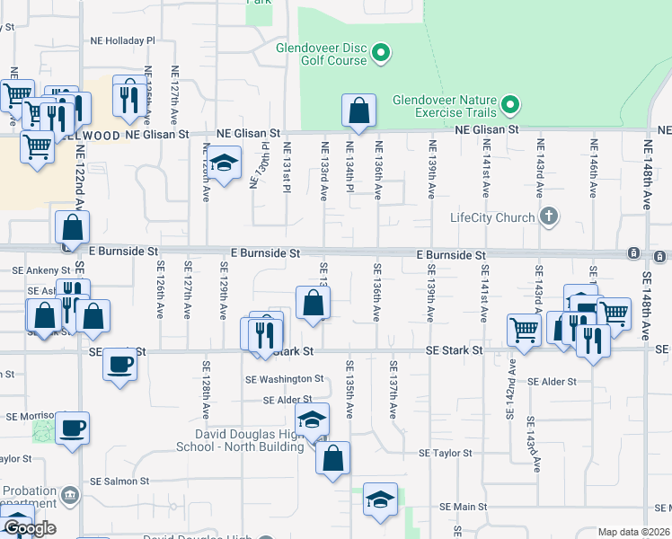 map of restaurants, bars, coffee shops, grocery stores, and more near 40 Southeast 133rd Avenue in Portland