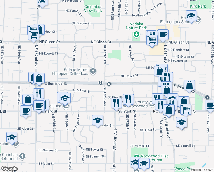 map of restaurants, bars, coffee shops, grocery stores, and more near 20 Southeast 172nd Avenue in Portland