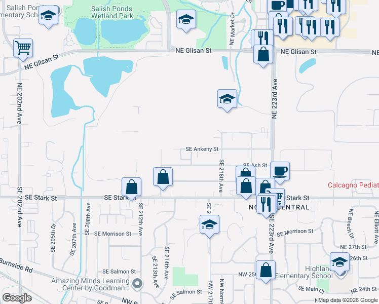 map of restaurants, bars, coffee shops, grocery stores, and more near 21608 Southeast Ankeny Street in Gresham