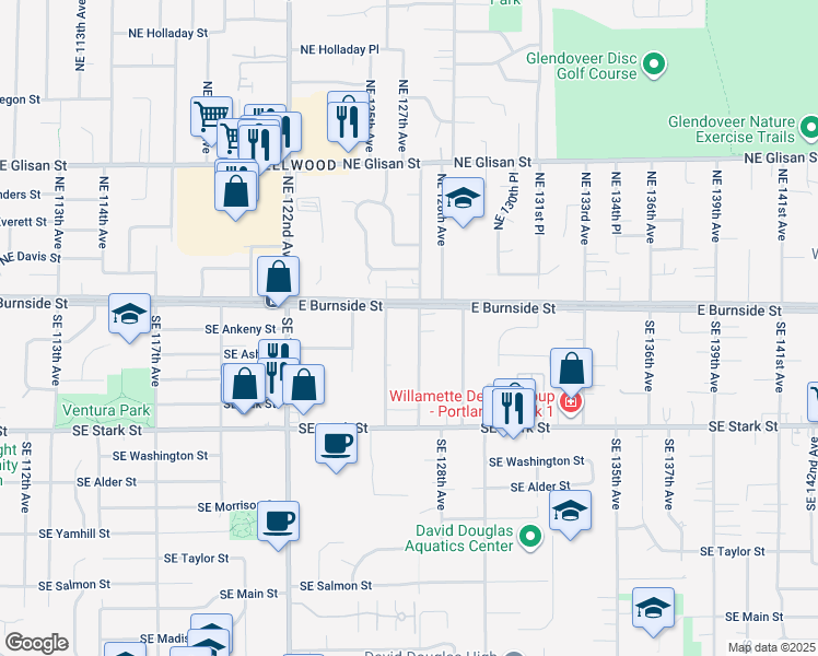 map of restaurants, bars, coffee shops, grocery stores, and more near 26 Southeast 126th Avenue in Portland