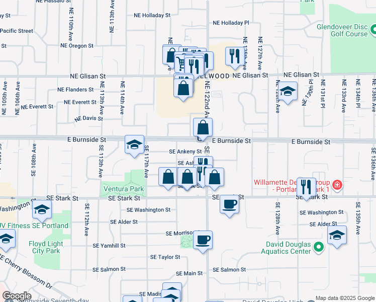 map of restaurants, bars, coffee shops, grocery stores, and more near 11933 Southeast Ankeny Street in Portland