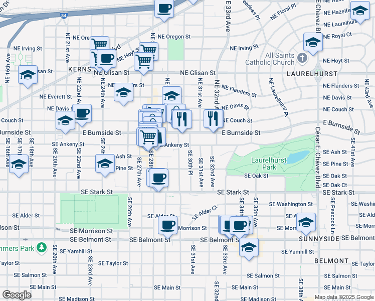 map of restaurants, bars, coffee shops, grocery stores, and more near 107 Southeast 30th Place in Portland