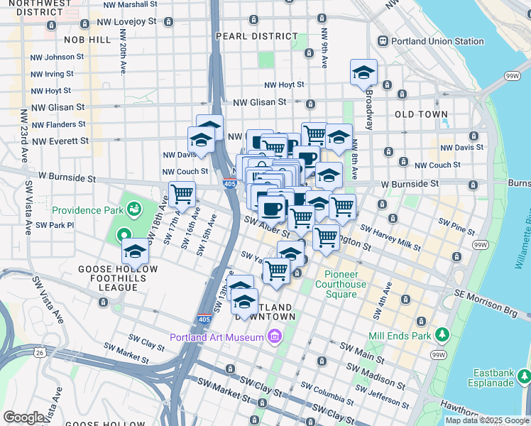 map of restaurants, bars, coffee shops, grocery stores, and more near 1205 Southwest Washington Street in Portland
