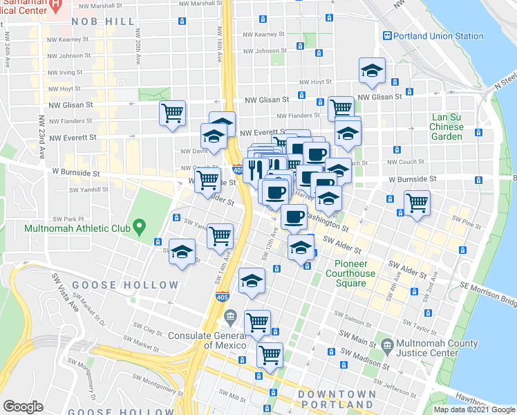 map of restaurants, bars, coffee shops, grocery stores, and more near 1312 Southwest Washington Street in Portland