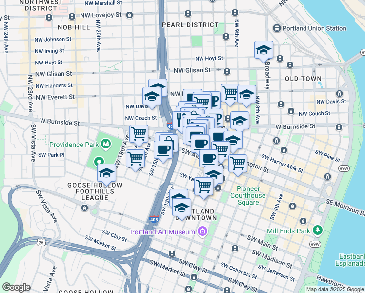 map of restaurants, bars, coffee shops, grocery stores, and more near 1312 Southwest Washington Street in Portland