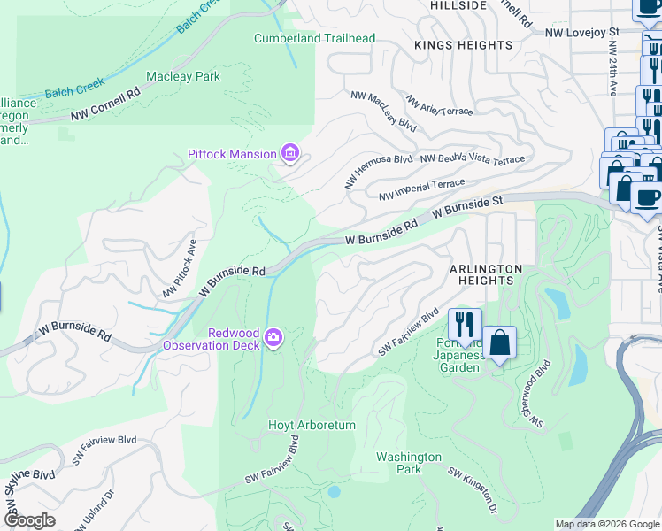 map of restaurants, bars, coffee shops, grocery stores, and more near 3141 Southwest Champlain Drive in Portland