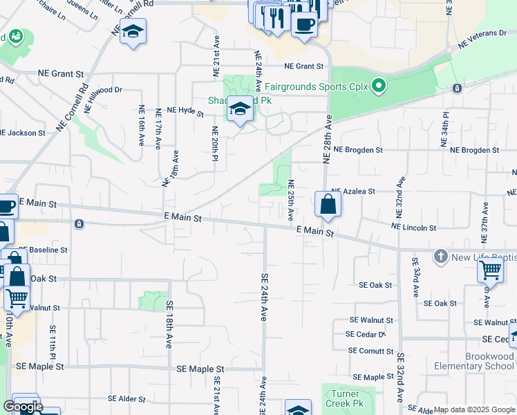 map of restaurants, bars, coffee shops, grocery stores, and more near 166 Northeast 24th Avenue in Hillsboro