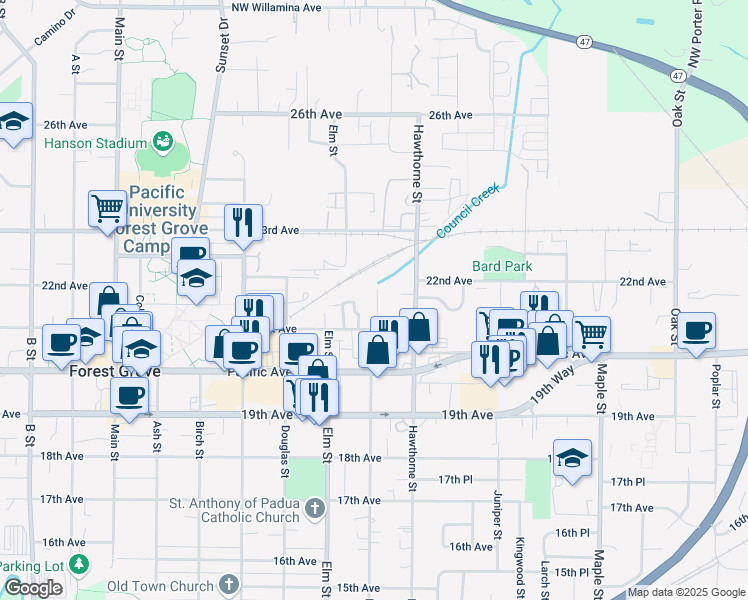 map of restaurants, bars, coffee shops, grocery stores, and more near 2144 Hawthorne Street in Forest Grove