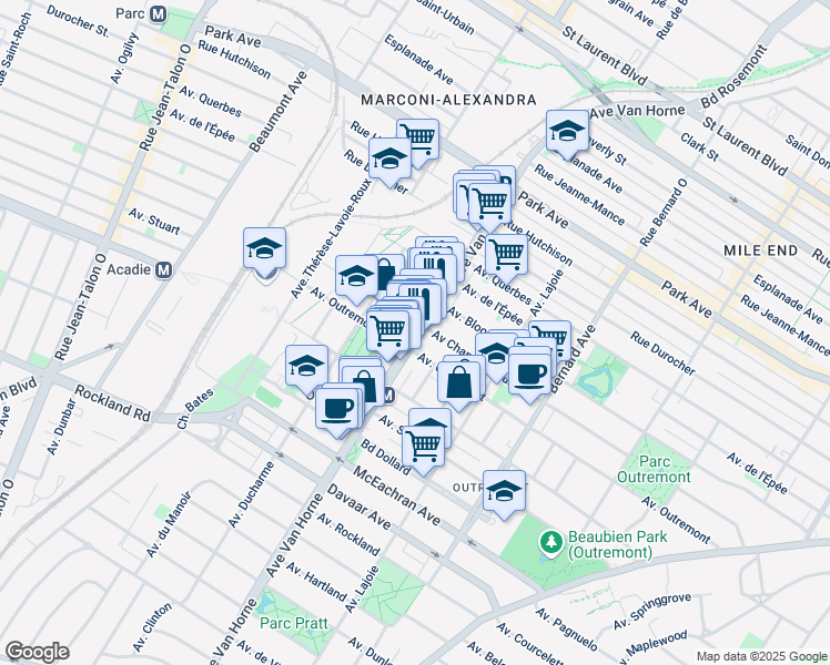 map of restaurants, bars, coffee shops, grocery stores, and more near 1269 Avenue Van Horne in Montréal