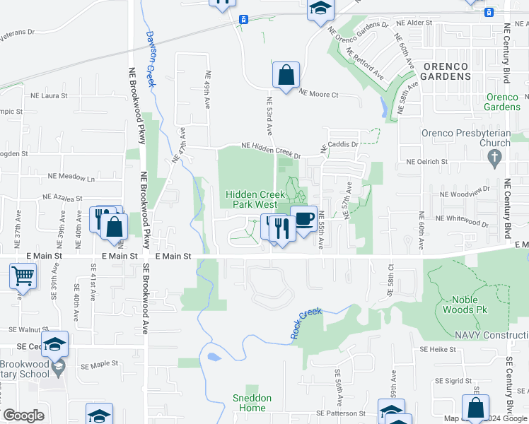 map of restaurants, bars, coffee shops, grocery stores, and more near 5257 Northeast Candlewood Place in Hillsboro