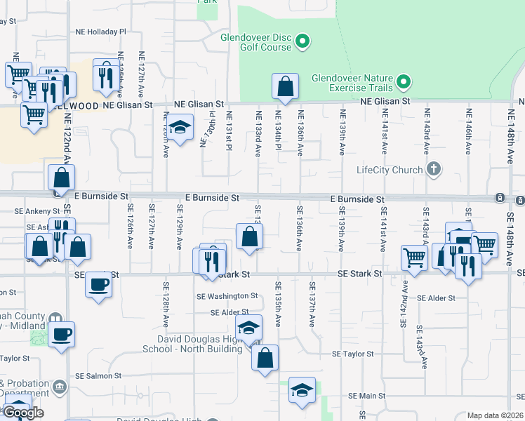 map of restaurants, bars, coffee shops, grocery stores, and more near 40 Southeast 133rd Avenue in Portland