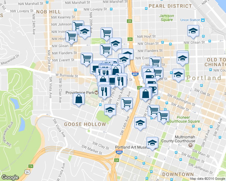 map of restaurants, bars, coffee shops, grocery stores, and more near 709 Southwest 17th Avenue in Portland