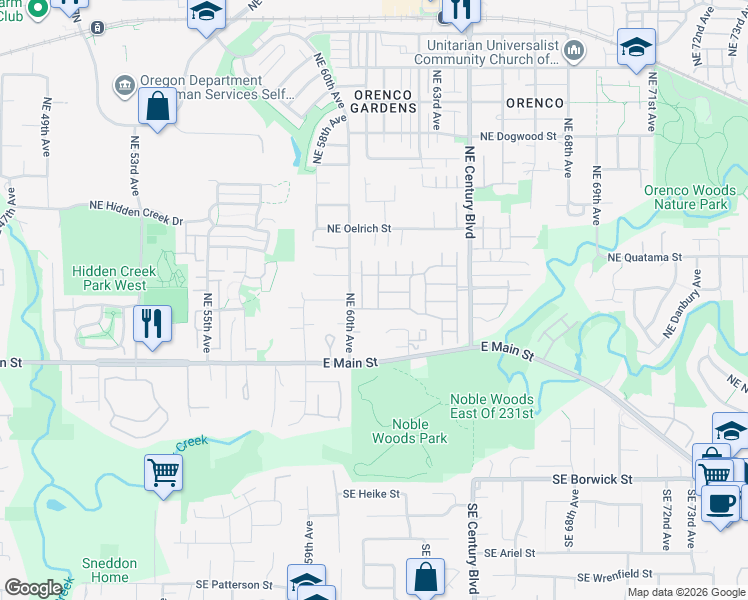 map of restaurants, bars, coffee shops, grocery stores, and more near 181 Northeast 61st Terrace in Hillsboro