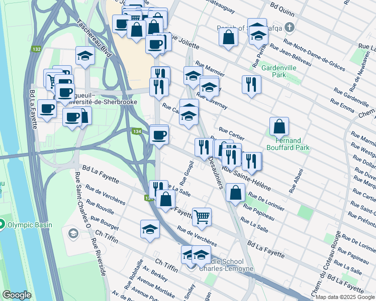 map of restaurants, bars, coffee shops, grocery stores, and more near in Longueuil