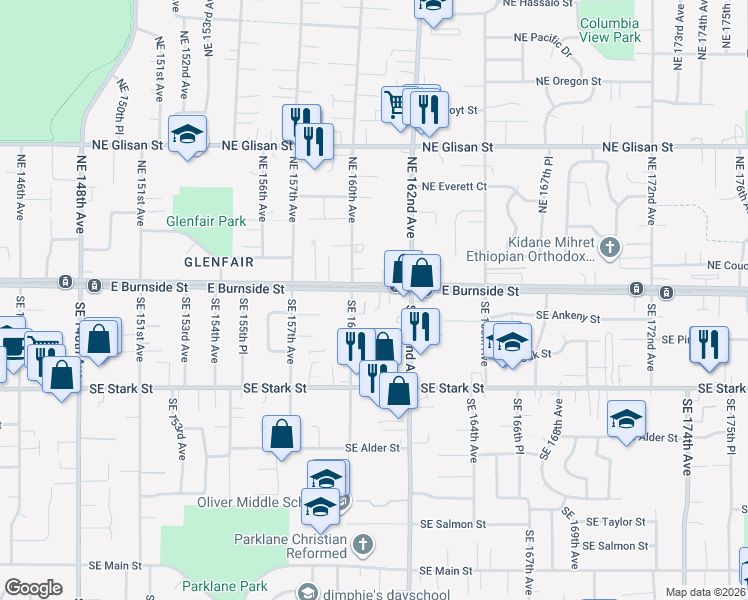 map of restaurants, bars, coffee shops, grocery stores, and more near 16060 East Burnside Street in Portland