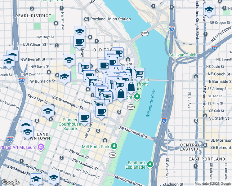 map of restaurants, bars, coffee shops, grocery stores, and more near 230 Southwest Ash Street in Portland