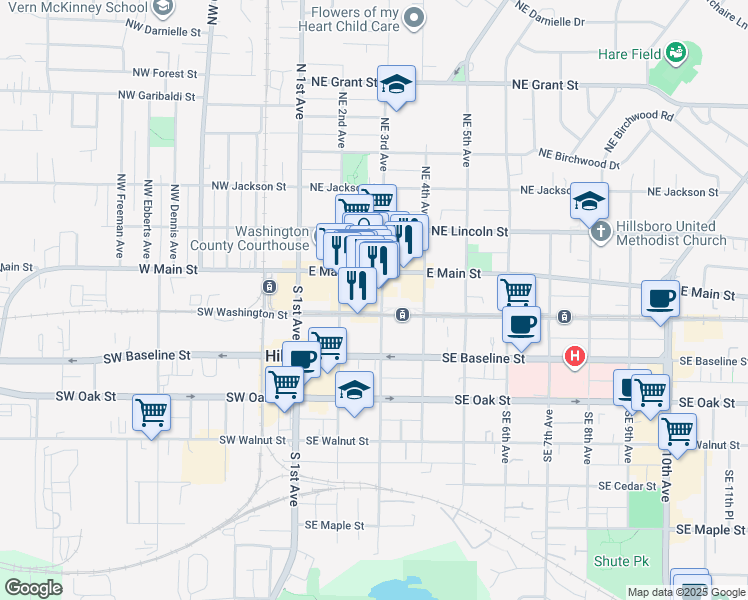 map of restaurants, bars, coffee shops, grocery stores, and more near 149 Southeast 3rd Avenue in Hillsboro