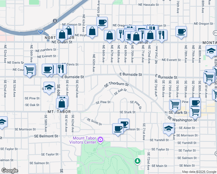 map of restaurants, bars, coffee shops, grocery stores, and more near 6605 Southeast Ash Place in Portland