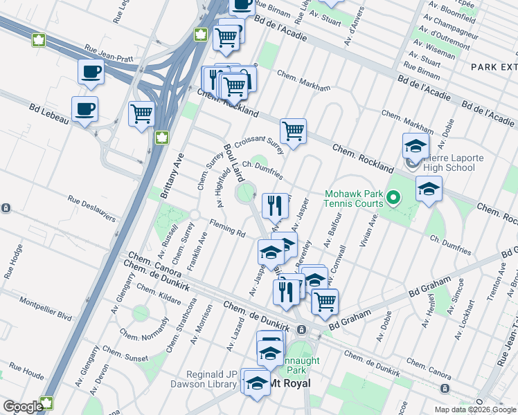map of restaurants, bars, coffee shops, grocery stores, and more near in Mount Royal