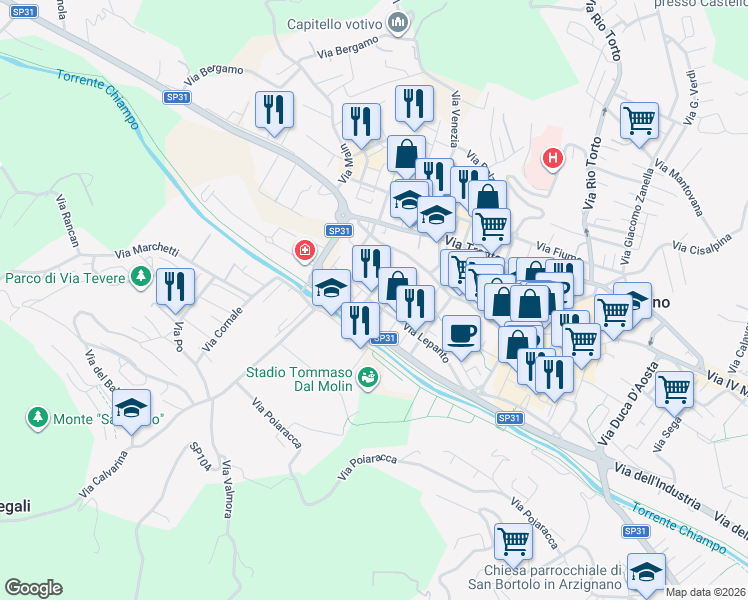 map of restaurants, bars, coffee shops, grocery stores, and more near 7 Via Solferino in Arzignano