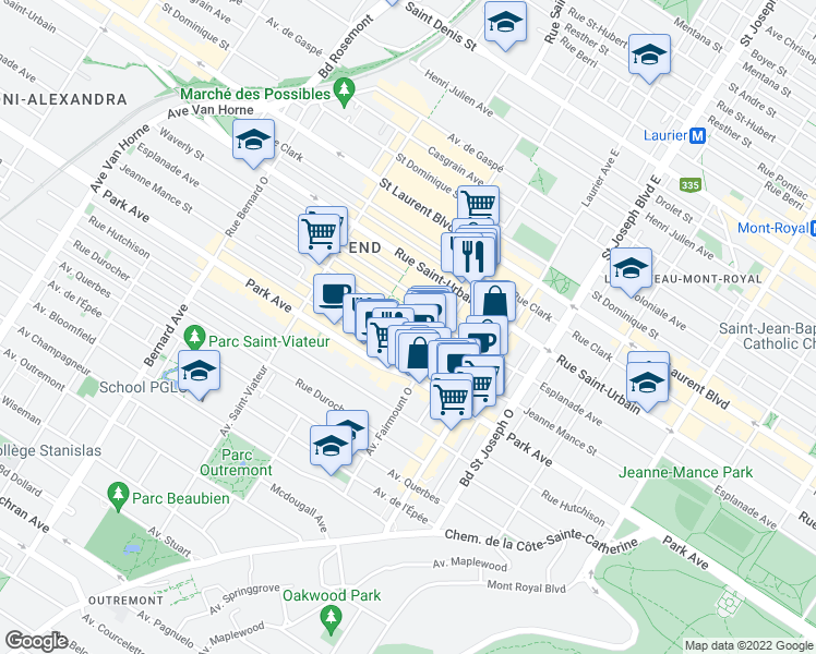 map of restaurants, bars, coffee shops, grocery stores, and more near 5260 Avenue de l'Esplanade in Montréal