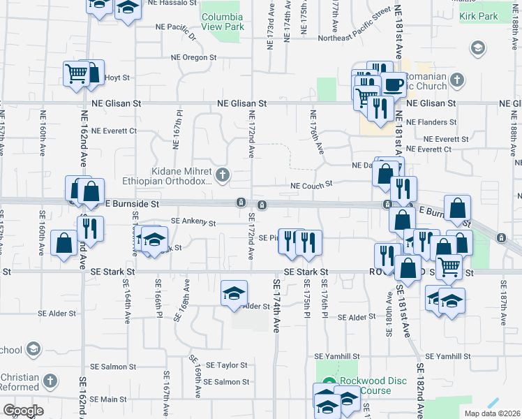 map of restaurants, bars, coffee shops, grocery stores, and more near 17256 East Burnside Street in Portland