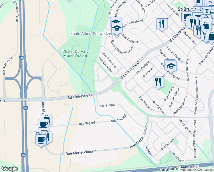 map of restaurants, bars, coffee shops, grocery stores, and more near 535 Boulevard Clairevue Ouest in Saint-Bruno-de-Montarville