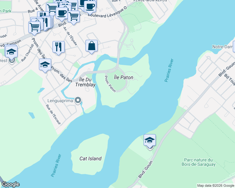 map of restaurants, bars, coffee shops, grocery stores, and more near 4540 Promenade Paton in Laval