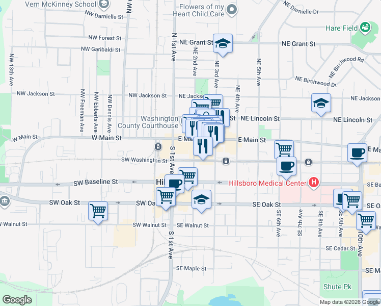map of restaurants, bars, coffee shops, grocery stores, and more near in Hillsboro