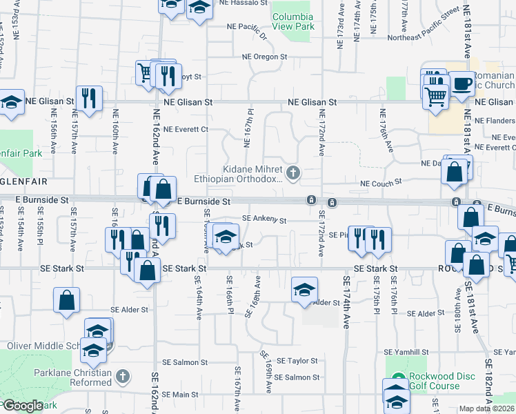 map of restaurants, bars, coffee shops, grocery stores, and more near 16810 East Burnside Street in Portland